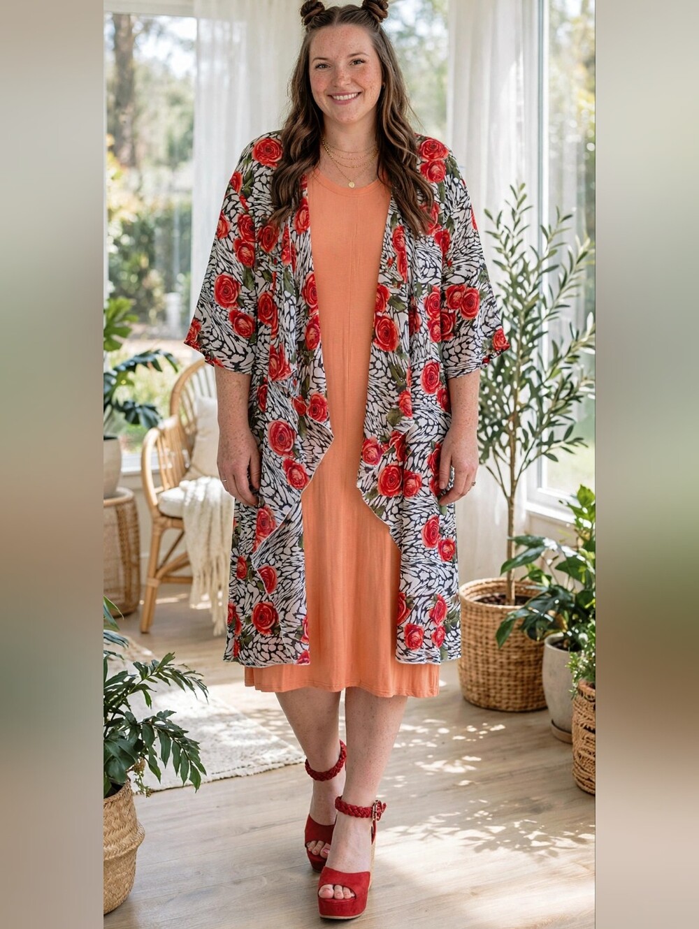2 Piece Set - LuLaRoe Floral Rose Kimono Robe and Peach Slip Dress NWT